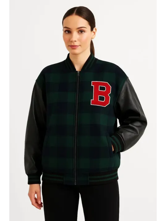 Kadın Kolej Ceket – Kareli Oduncu Kumaş, Kolları Suni Deri, Fermuarlı, İçi Kapitone Astarlı, Nakışlı Oversize Bahar & Kış Stil - Haki