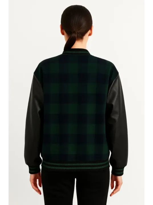 Kadın Kolej Ceket – Kareli Oduncu Kumaş, Kolları Suni Deri, Fermuarlı, İçi Kapitone Astarlı, Nakışlı Oversize Bahar & Kış Stil - Haki