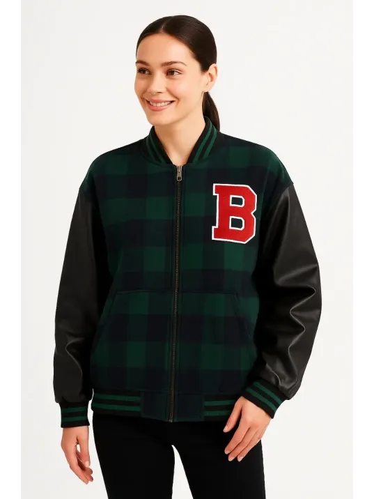 Kadın Kolej Ceket – Kareli Oduncu Kumaş, Kolları Suni Deri, Fermuarlı, İçi Kapitone Astarlı, Nakışlı Oversize Bahar & Kış Stil - Haki Kadın Kolej Ceket – Kareli Oduncu Kumaş, Kolları Suni Deri, Fermuarlı, İçi Kapitone Astarlı, Nakışlı Oversize Bahar & Kış Stil - Haki