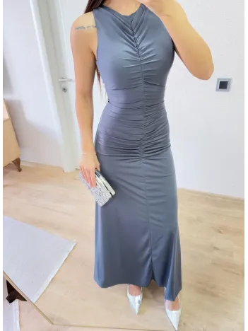 Bürümcük Kumaşlı İçi Astarlı Üzgülü Kolsuz Büzgülü Uzun Elbise - Füme Bürümcük Kumaşlı İçi Astarlı Üzgülü Kolsuz Büzgülü Uzun Elbise - Füme