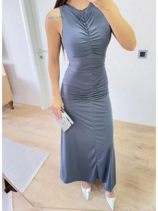 Bürümcük Kumaşlı İçi Astarlı Üzgülü Kolsuz Büzgülü Uzun Elbise - Füme