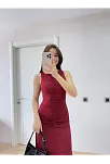 Bürümcük Kumaşlı İçi Astarlı Üzgülü Kolsuz Büzgülü Uzun Elbise - Kırmızı