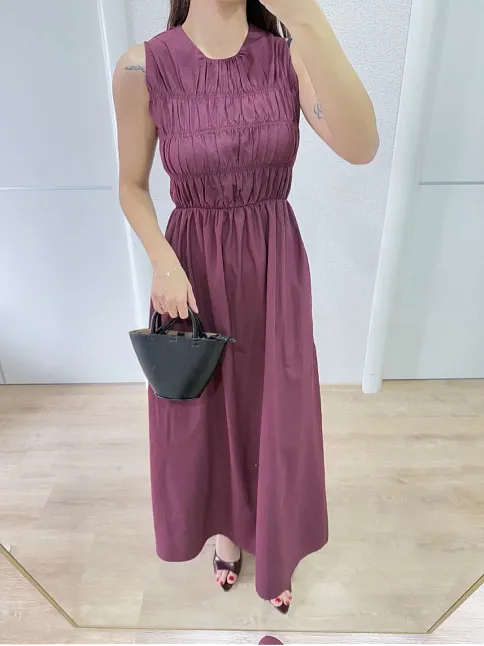 Kolsuz Göğüs Lastıklı %100 Poplin Uzun Elbise - Bordo
