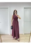 Kolsuz Göğüs Lastıklı %100 Poplin Uzun Elbise - Bordo