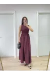 Kolsuz Göğüs Lastıklı %100 Poplin Uzun Elbise - Bordo