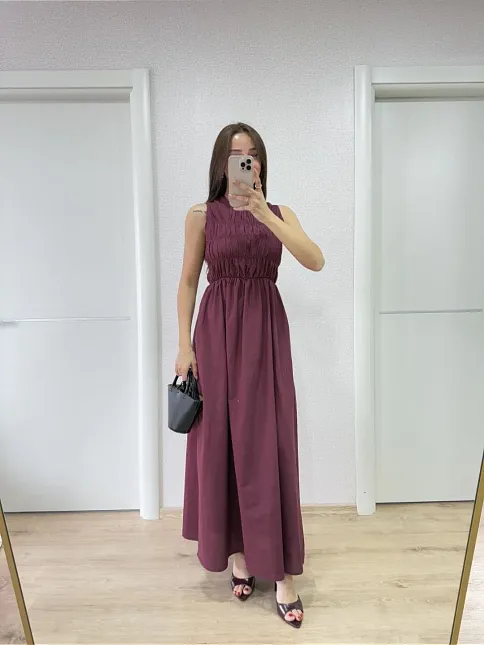 Kolsuz Göğüs Lastıklı %100 Poplin Uzun Elbise - Bordo