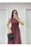Kolsuz Göğüs Lastıklı %100 Poplin Uzun Elbise - Bordo
