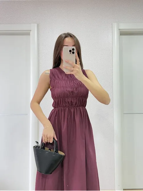 Kolsuz Göğüs Lastıklı %100 Poplin Uzun Elbise - Bordo