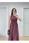 Kolsuz Göğüs Lastıklı %100 Poplin Uzun Elbise - Bordo