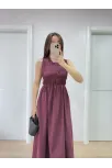 Kolsuz Göğüs Lastıklı %100 Poplin Uzun Elbise - Bordo
