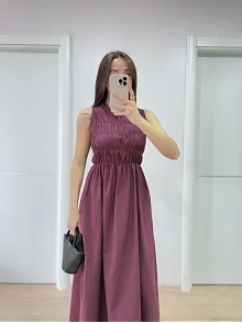 Kolsuz Göğüs Lastıklı %100 Poplin Uzun Elbise - Bordo