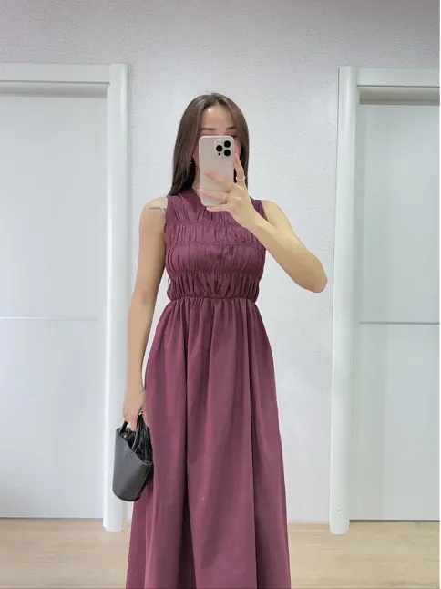 Kolsuz Göğüs Lastıklı %100 Poplin Uzun Elbise - Bordo