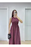 Kolsuz Göğüs Lastıklı %100 Poplin Uzun Elbise - Bordo