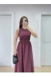 Kolsuz Göğüs Lastıklı %100 Poplin Uzun Elbise - Bordo
