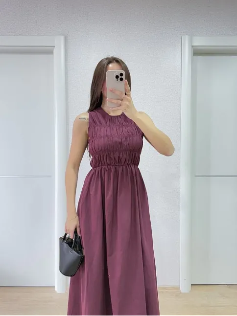 Kolsuz Göğüs Lastıklı %100 Poplin Uzun Elbise - Bordo