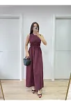 Kolsuz Göğüs Lastıklı %100 Poplin Uzun Elbise - Bordo