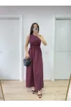 Kolsuz Göğüs Lastıklı %100 Poplin Uzun Elbise - Bordo