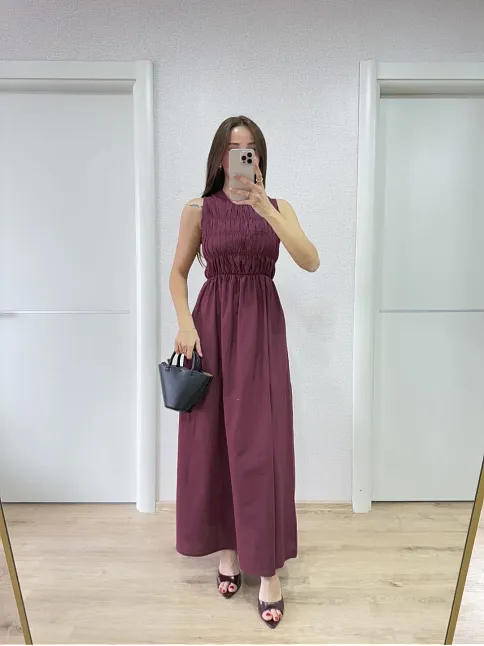 Kolsuz Göğüs Lastıklı %100 Poplin Uzun Elbise - Bordo