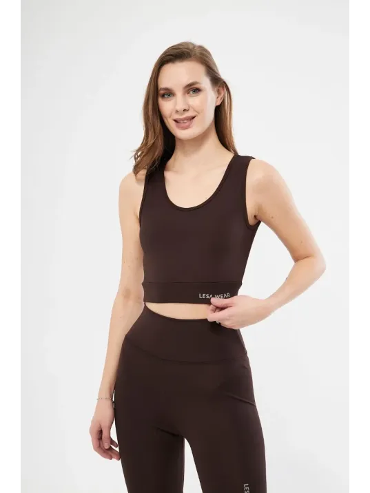 Kolsuz Sporcu Baskılı Crop - Kahve