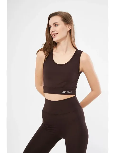 Kolsuz Sporcu Baskılı Crop - Kahve