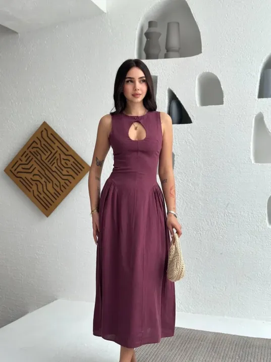 Kolsuz Uzun Kabardin Elbise - Bordo Kolsuz Uzun Kabardin Elbise - Bordo