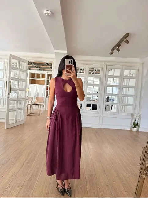 Kolsuz Uzun Kabardin Elbise - Bordo