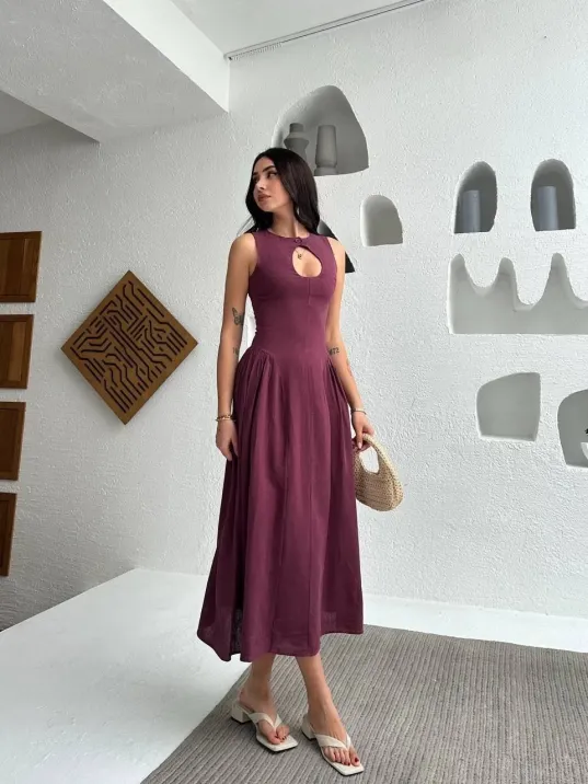 Kolsuz Uzun Kabardin Elbise - Bordo Kolsuz Uzun Kabardin Elbise - Bordo