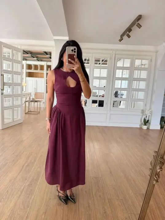 Kolsuz Uzun Kabardin Elbise - Bordo Kolsuz Uzun Kabardin Elbise - Bordo