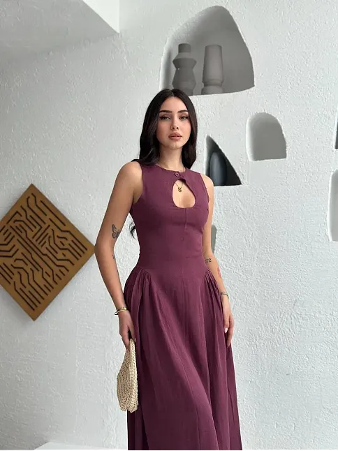 Kolsuz Uzun Kabardin Elbise - Bordo