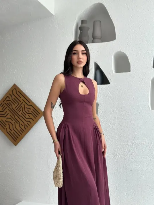 Kolsuz Uzun Kabardin Elbise - Bordo Kolsuz Uzun Kabardin Elbise - Bordo