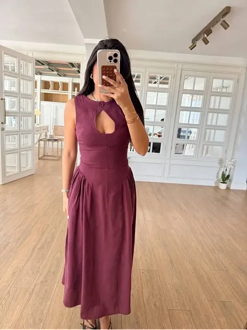 Kolsuz Uzun Kabardin Elbise - Bordo