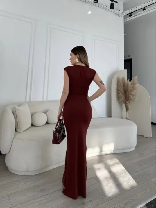 Kolsuz Uzun Likralı Elbise - Bordo Kolsuz Uzun Likralı Elbise - Bordo