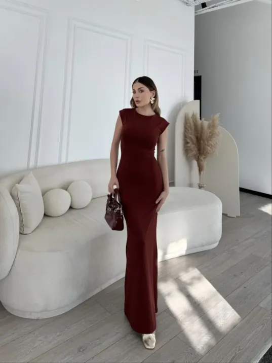 Kolsuz Uzun Likralı Elbise - Bordo Kolsuz Uzun Likralı Elbise - Bordo