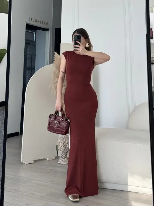 Kolsuz Uzun Likralı Elbise - Bordo Kolsuz Uzun Likralı Elbise - Bordo