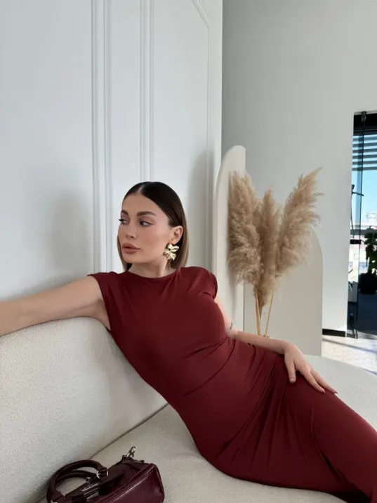 Kolsuz Uzun Likralı Elbise - Bordo Kolsuz Uzun Likralı Elbise - Bordo