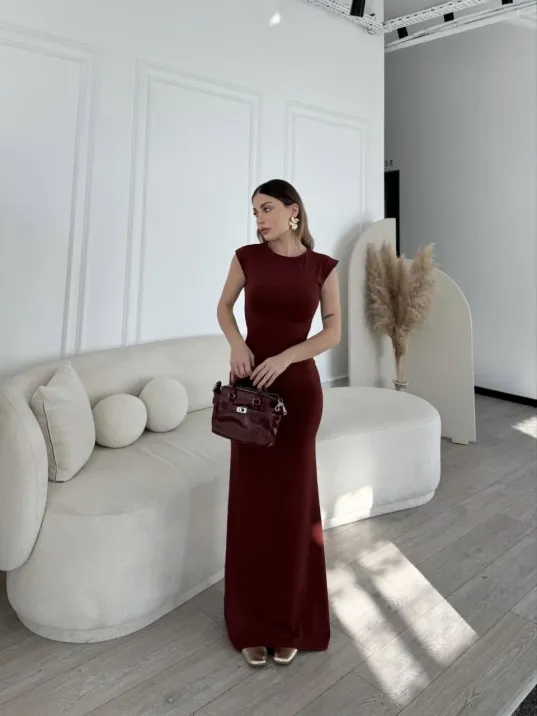 Kolsuz Uzun Likralı Elbise - Bordo Kolsuz Uzun Likralı Elbise - Bordo