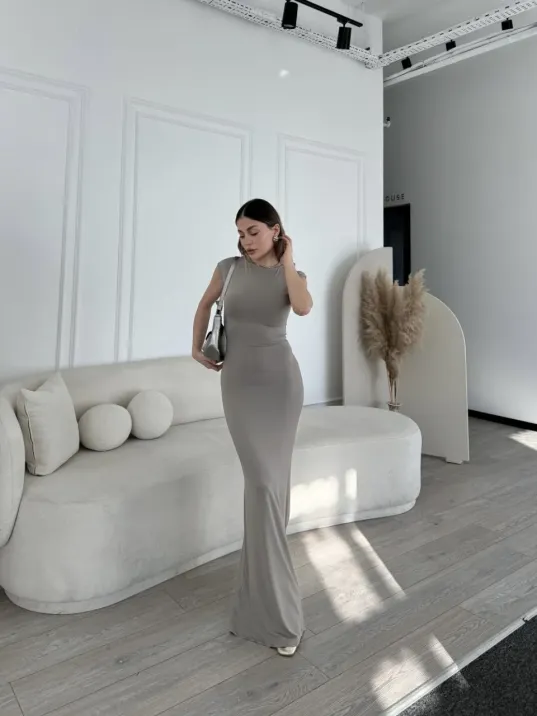 Kolsuz Uzun Likralı Elbise - Gri Kolsuz Uzun Likralı Elbise - Gri