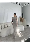 Kolsuz Uzun Likralı Elbise - Gri