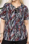 Kadın Desenli Püsküllü Viskon Bluz Bebe Yaka Kısa Kollu Big Size Rahat Kesim - Desenli