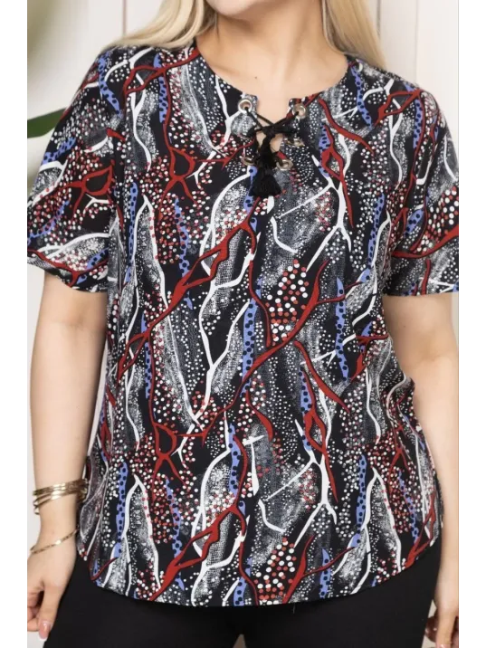 Kadın Desenli Püsküllü Viskon Bluz Bebe Yaka Kısa Kollu Big Size Rahat Kesim - Desenli