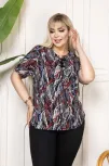 Kadın Desenli Püsküllü Viskon Bluz Bebe Yaka Kısa Kollu Big Size Rahat Kesim - Desenli