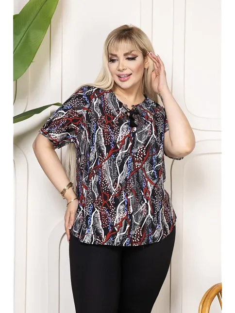 Kadın Desenli Püsküllü Viskon Bluz Bebe Yaka Kısa Kollu Big Size Rahat Kesim - Desenli