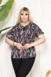 Kadın Desenli Püsküllü Viskon Bluz Bebe Yaka Kısa Kollu Big Size Rahat Kesim - Desenli