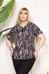 Kadın Desenli Püsküllü Viskon Bluz Bebe Yaka Kısa Kollu Big Size Rahat Kesim - Desenli