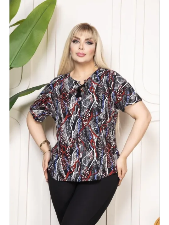 Kadın Desenli Püsküllü Viskon Bluz Bebe Yaka Kısa Kollu Big Size Rahat Kesim - Desenli