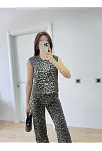 Leopar Desenli Düğmeli Bluzlu Pantolon İkili Takım -leopar