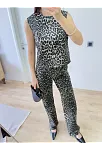 Leopar Desenli Düğmeli Bluzlu Pantolon İkili Takım -leopar