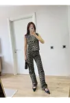 Leopar Desenli Düğmeli Bluzlu Pantolon İkili Takım -leopar