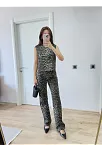 Leopar Desenli Düğmeli Bluzlu Pantolon İkili Takım -leopar