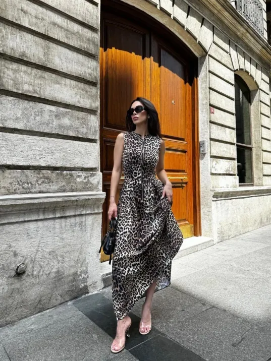 Leopar Desenli Fermuarlı Cepli Pileli Kadın Midi Elbise- Leopar Leopar Desenli Fermuarlı Cepli Pileli Kadın Midi Elbise- Leopar
